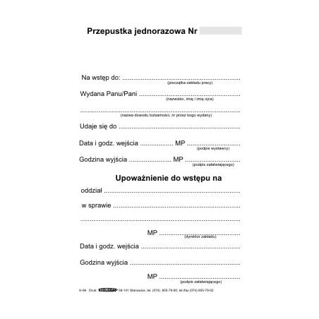 Przepustka wstępu jednorazowa A6 Stolgraf